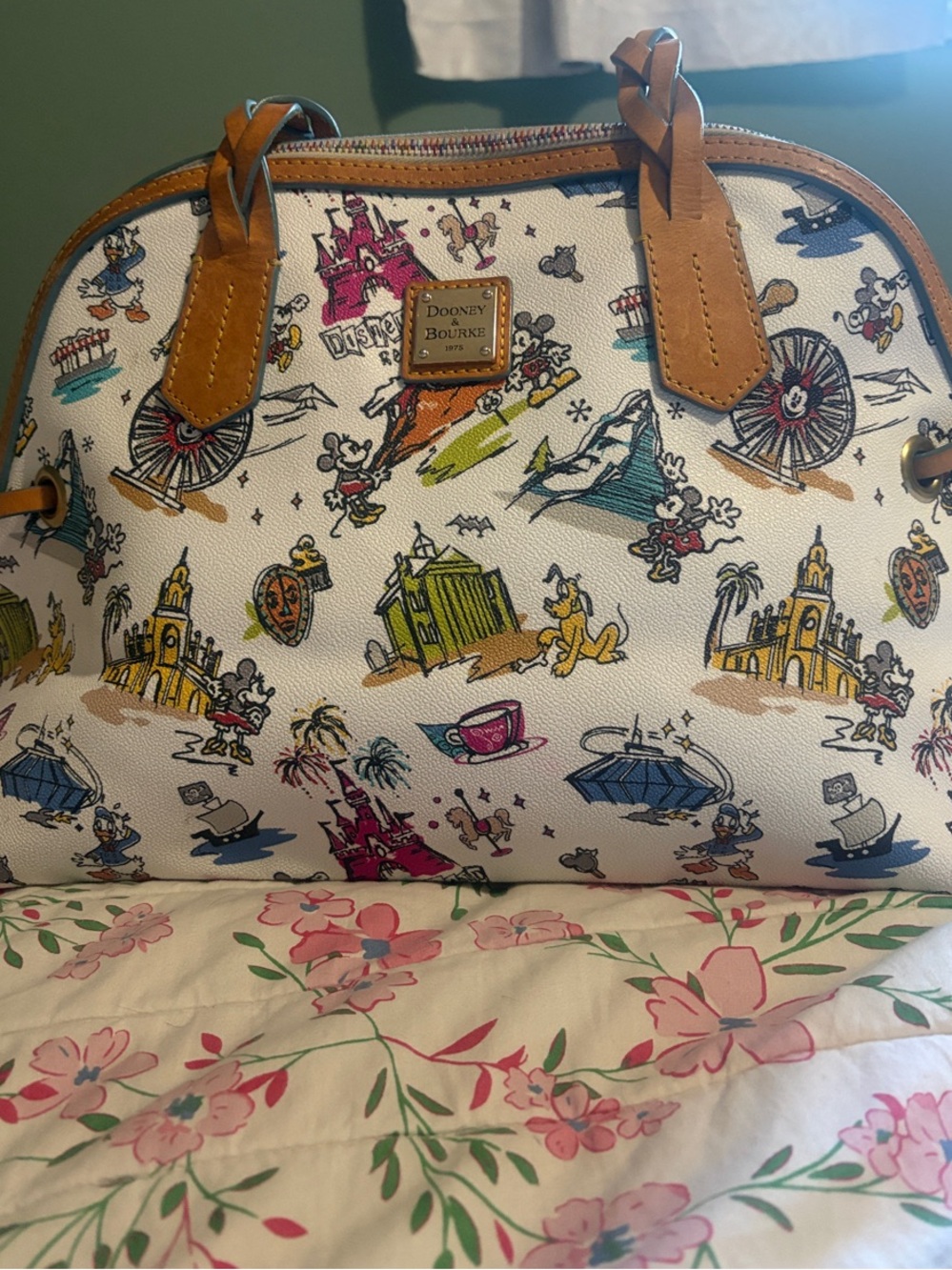 Dooney & Bourke White Canvas Disney Sketch Satchel with Tan Leather Trim